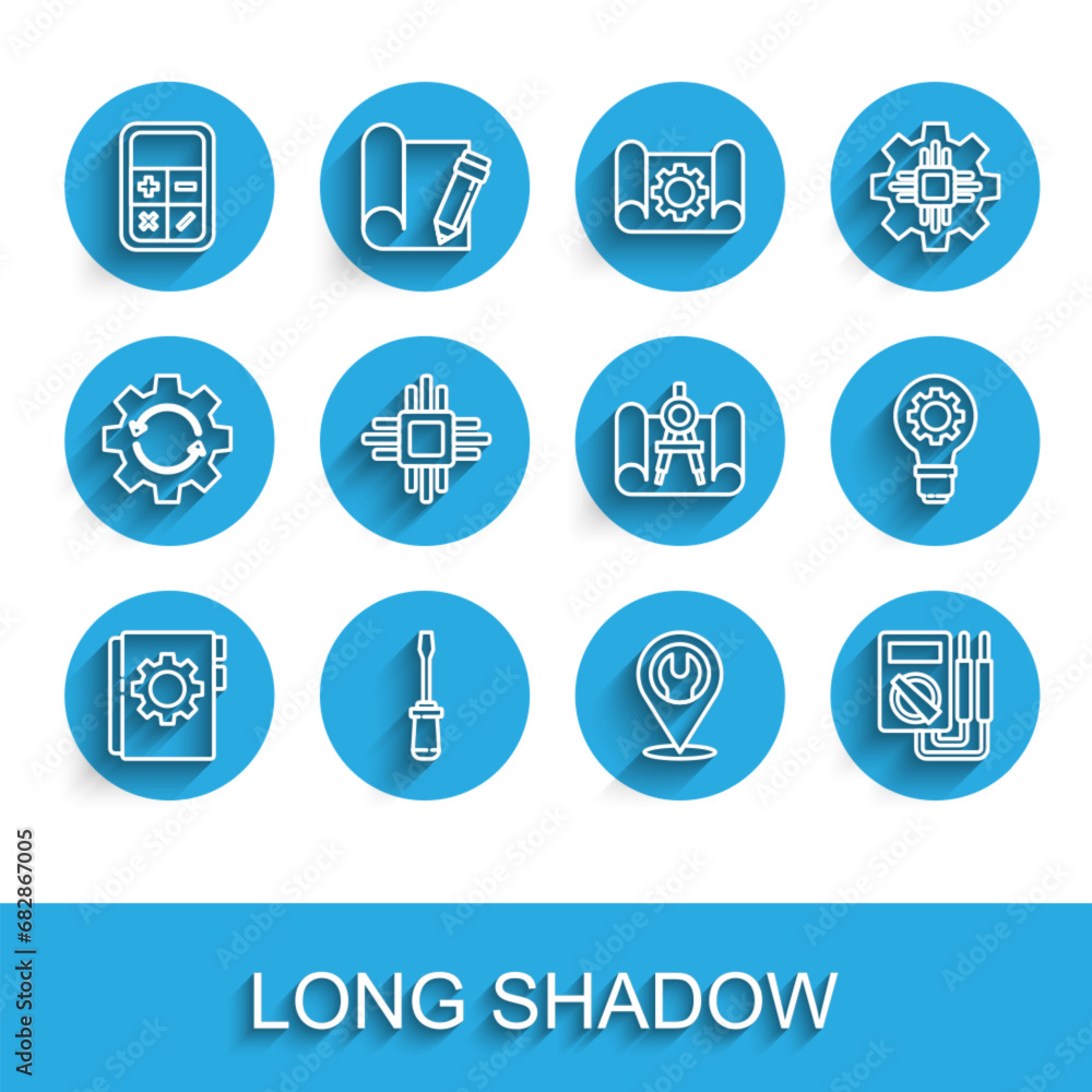 Poster set line user manual, screwdriver, calculator, location with wrench spanner, multimeter, processor m