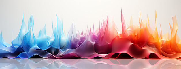 Wide panoramic colorful smooth transparent abstract rhythmic equalizer waves in white background banner  
