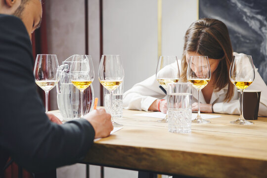 Blind wine tasting, Sommelier passes training for get the certification. Wine waiter school, winemaking lecture.