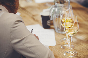 Sommelier degustate wine. Blind wine tasting. Training of restaurant staff, studying alcohol list. 