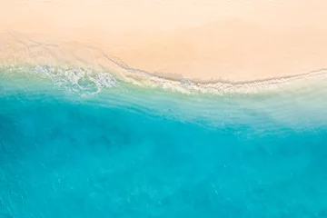Sierkussen Relaxing aerial beach scene. Summer vacation holiday destination banner. Waves surf crash amazing blue ocean lagoon, sea shore, coastline. Perfect aerial drone top view. Peaceful bright beach, seaside © icemanphotos