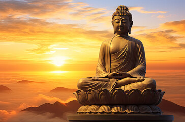golden buddha of god standing in front of the sun