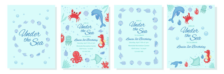 Birthday invitation set under sea theme background template, children's birthday party, invitation card with cartoon sea characters: octopus, dolphin, jellyfish, etc. Vector illustration.