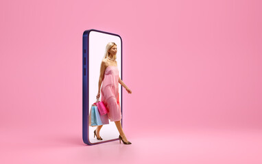 Creative collage with photo and 3d model phone, woman after shopping go out from 3d rendering display of smartphone against pastel pink background.