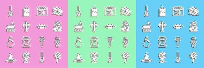 Set line Lollipop, Candy, Funny scary ghost mask, Calendar with Halloween, Tombstone cross, Castle, Witches broom and Vampire teeth icon. Vector