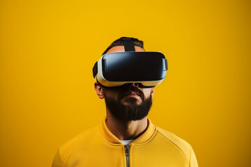 Youngster watching 3d object in virtual world fun cheerful vr glasses goggles generative ai