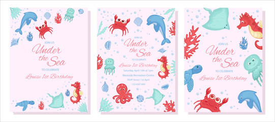 Birthday invitation set under sea theme background template, children's birthday party, invitation card with cartoon sea characters: octopus, dolphin, jellyfish, etc. Vector illustration.