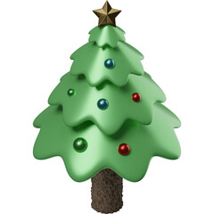 A stylized 3D-rendered Christmas tree adorned with colorful baubles and a golden star, representing traditional holiday cheer.