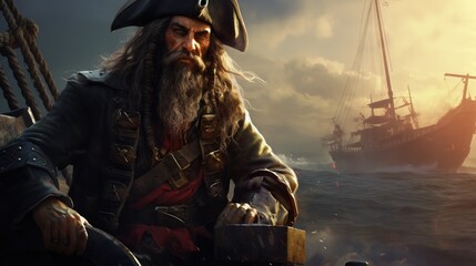 Fototapeta premium Portrait of pirate a person who attacks and robs ships at sea