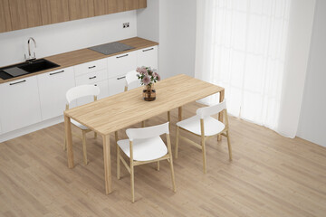 Dining room and kitchen with furniture in high angle. 3d rendering of interior background.