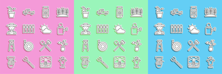 Set line Scarecrow, Plant, Watering can, Jar of honey, Garden fence wooden, Farmer the hat, pot and Sun and cloud weather icon. Vector