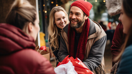 Group of volunteers preparing surprises for people in trouble, exchanging gift enjoy conversation smiling cheerfully during Christmas. Volunteer collecting donations, Feeding disadvantaged people.