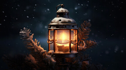 Icy lantern with a touch of warm light and pine needles.