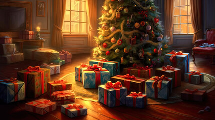 A heartwarming holiday scene with a beautifully decorated tree and gifts.