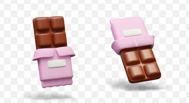 Realistic half opened chocolate bar. Vector object illuminated at different angles. Pink wrapper with white rectangle for inscription, logo. Color mockup. Aromatic sweets