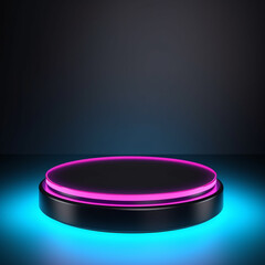 Black product background stand or podium pedestal on advertising neon light display with blank backdrops, ai technology