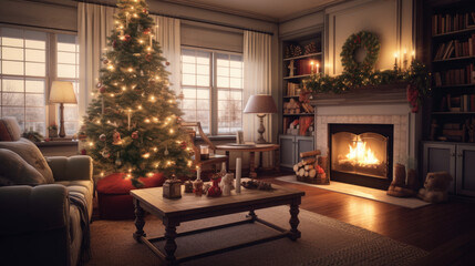 A warm and inviting living room with a decorated tree and stockings on the mantel.