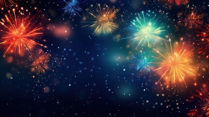 Beautiful holiday web banner or billboard with Golden sparkling Happy New Year sparklers on festive firework background - Powered by Adobe