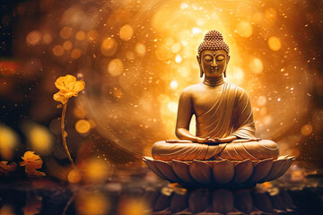 Abstract glowing buddha meditating on lotus flower