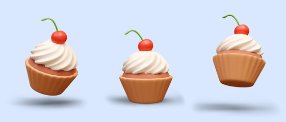 Cupcake with whipped cream and cherry. Portion sized, beautifully served dessert. Muffin with cream. Set of realistic sweets. Isolated vector cupcakes, front, top, bottom view