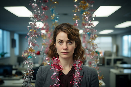 Generative AI technology picture women in decorated office celebrating Christmas