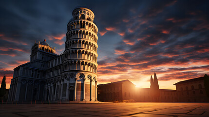 A serene evening scene of the Leaning Tower of Pisa, illuminated against a dusky sky, showcasing its iconic lean and architectural charm. Ai Generated.NO.03