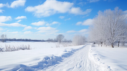 Fototapeta na wymiar Snowy Landscape: Tranquil Winter Path through Frosty Forest