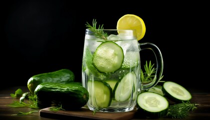 Cucumber lemonade with lime and rosemary on dark background, Cocktail gin tonic with ice