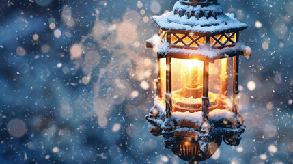 Detailed close-up of a lantern covered in snow and ice crystals.