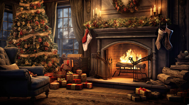 A traditional holiday tableau with a decorated tree and stockings hanging on the fireplace.