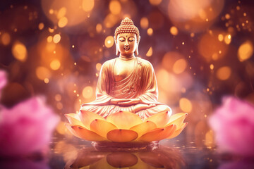 Abstract glowing buddha meditating on lotus flower