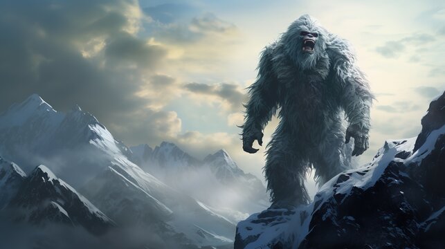 Huge and scary yeti on the top of a mountain, monster and fantasy concept