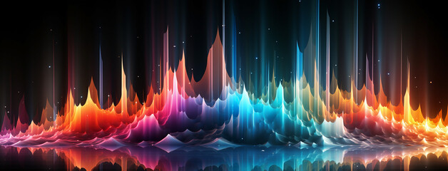 Wide panoramic colorful smooth transparent abstract rhythmic equalizer waves in black background banner   - obrazy, fototapety, plakaty