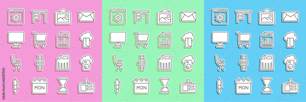 Poster set line identification badge, cloud database, picture landscape, shopping cart, computer monitor, b