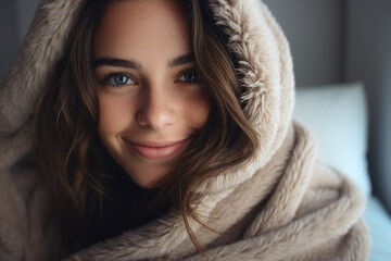 Generative AI closeup portrait comfort content concept young person wrapped in warm laundry blanket - obrazy, fototapety, plakaty