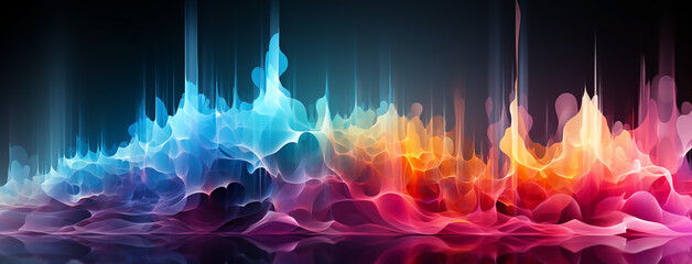 Wide panoramic colorful smooth transparent abstract rhythmic equalizer waves in black background banner  
