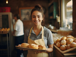 Latin girl holding tray of bread in bakery shop business concept - obrazy, fototapety, plakaty