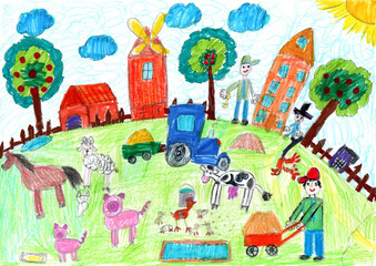 Farm animals with rural landscape. Cow, sheep, pig, horse, rooster, chicken, goose, duck. Pencil...
