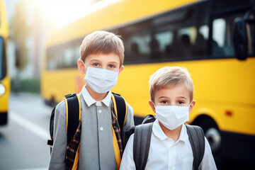 Generative ai picture of children wearing masks to prevent coronavirus covid 19 - obrazy, fototapety, plakaty