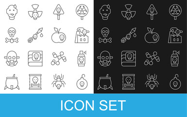 Set line Nuclear bomb, Spray against insects, Smoke from factory, Bones and skull, Poison the arrow, Man poisoning and apple icon. Vector