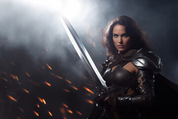 Young beautiful girl warrior in medieval fantasy armor with sword on gray neutral background - obrazy, fototapety, plakaty