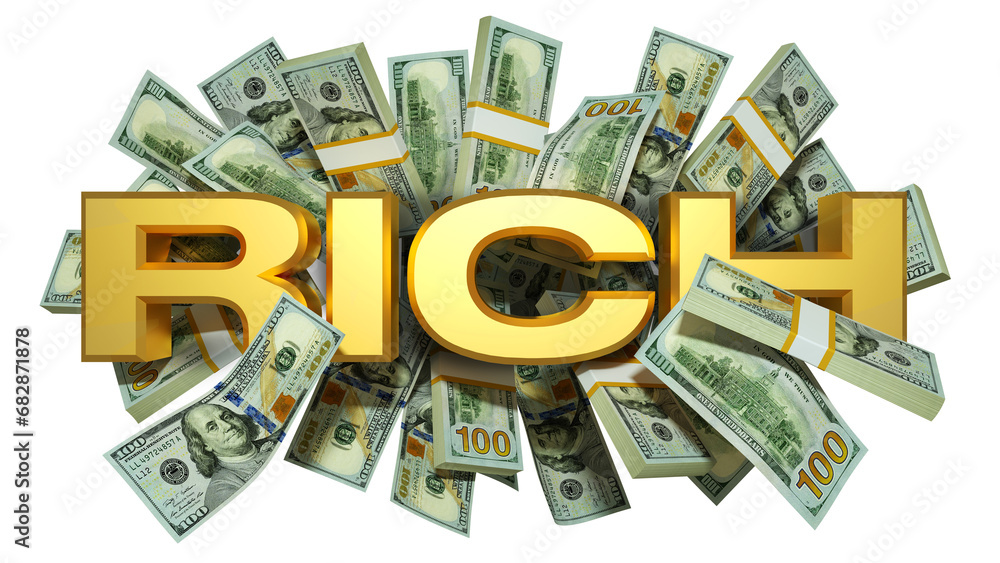 Poster us dollar notes spread behind 3d golden rich text. 3d text in front of of bank notes.3d rendering