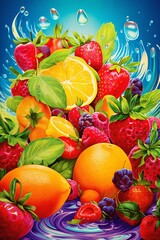 Obraz na płótnie Canvas fruits with water splashes, on color background, fresh and healthy food