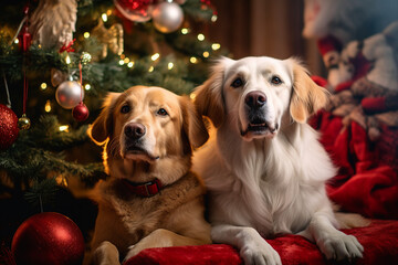 Cute fluffy pets posing for christmas photo shooting near tree Generative AI