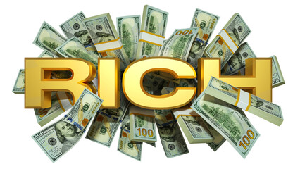US dollar notes spread behind 3D golden Rich text. 3d text in front of of bank notes.3d rendering