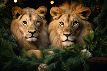 Amazing lion and lioness posing over new year decorations Generative AI