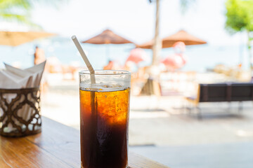 Black coffee, Americano in a cafe by the sea, Sue Flamingo, Ao Yon Beach, Phuket Thailand