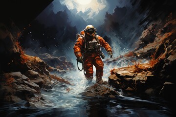 astronaut walking on a planet - obrazy, fototapety, plakaty