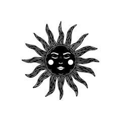 SUN - witchy magic symbol. Linocut print style. Vector.