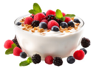 Healthy Yogurt with Muesli and Berries, isolated on a transparent or white background